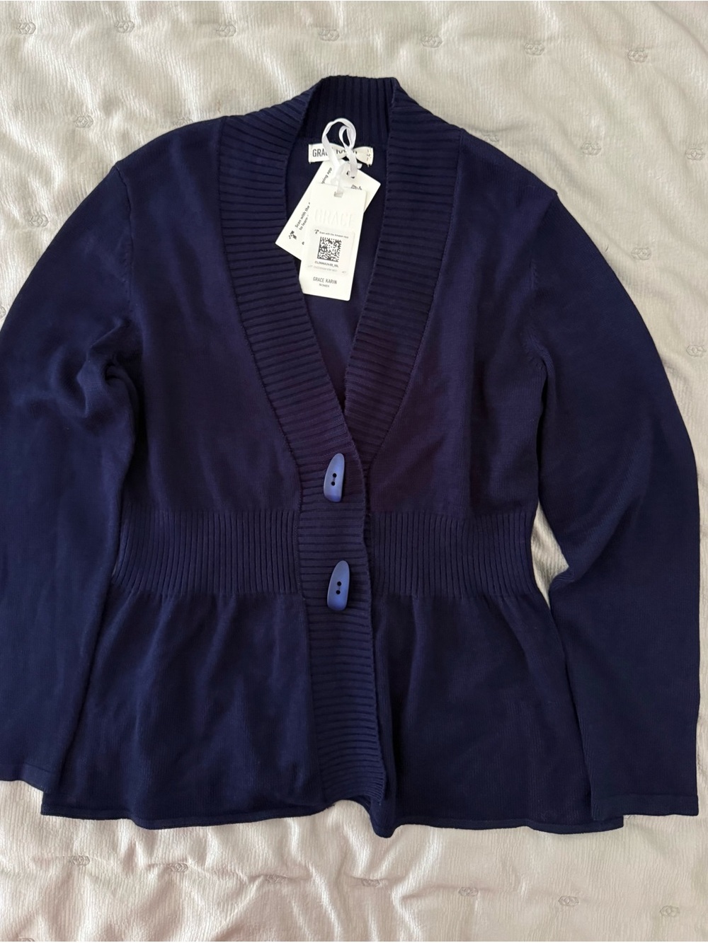 NWT Grace Karin Navy Peplum Cardigan Sweater Button Front Long Sleeve L - Picture 2 of 6